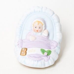 Growing Up Birthday Girl Baby in Cradle Figurine Blonde w Wish List Poster